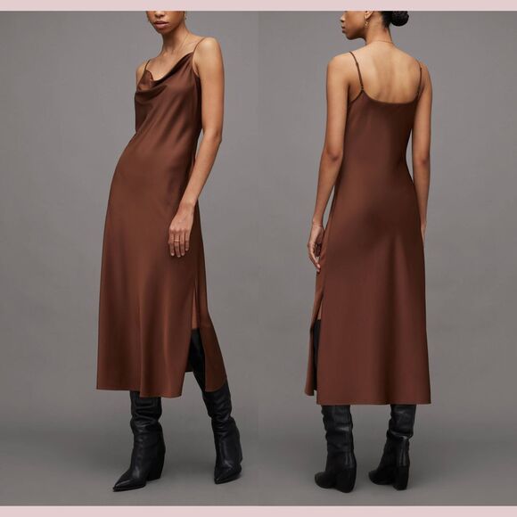 All Saints Dresses & Skirts - NWT $199 All Saints‎ [ 10 US ] Hadley Cowl Neck Midi Slip Dress Warm Brown